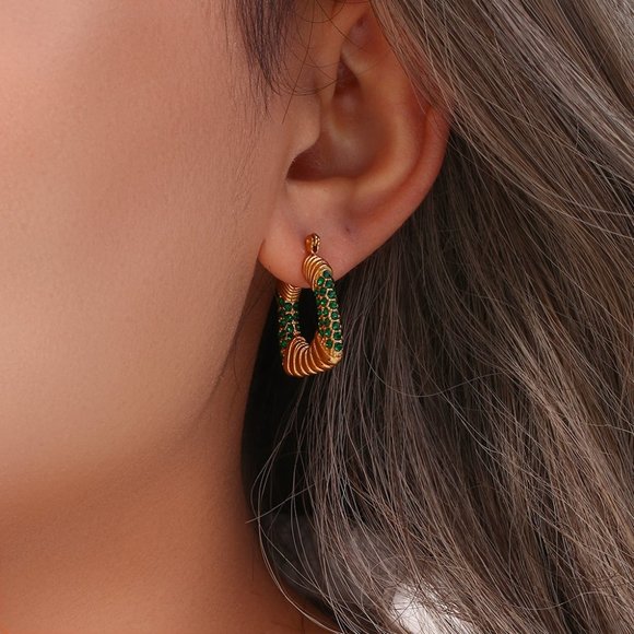 Green Zircon Chunky Square PVD 18K Gold Hoop Earrings Stainless Steel - Picture 3 of 8